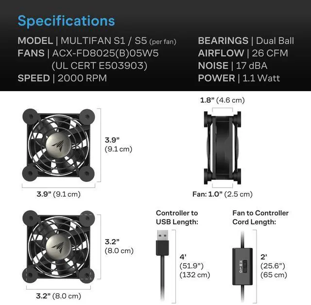 Alt view image 6 of 7 - MULTIFAN S1, Quiet 80mm USB Fan, UL-Certified for Receiver DVR PlayStation Xbox Computer Cabinet Cooling