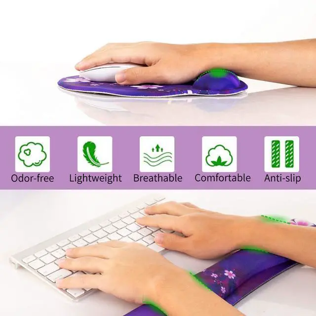 Alt view image 3 of 7 - Ergonomic Keyboard Mouse Pad Wrist Rest Support Set for Laptop/Computer/Desktop,Memory Foam Hand Rest Wrist Cushion for Gaming/Office,Lightweight Comfortable & Pain Relief (Purple, Flower)