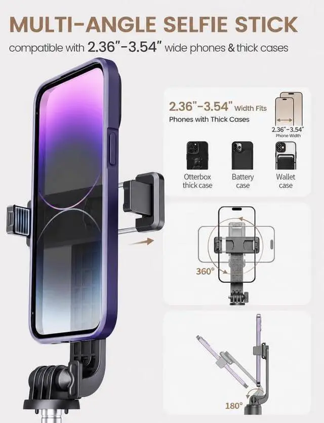 Alt view image 4 of 7 - ANXRE 41.7" Extendable Selfie Stick with Wireless Remote, Compact & Portable for Travel, Compatible with iPhone Samsung Android Smartphones