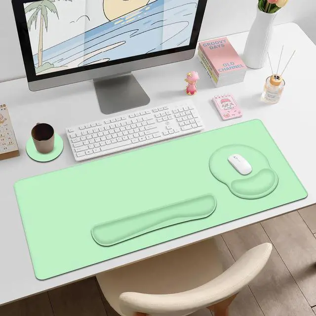 Alt view image 3 of 7 - 4 PCS Mouse Pad Desk Mat Protector, Keyboard Wrist Rest + Comfortable Mouse Pad with Wrist Rest +Coaster, Large Gaming Mousepad for Computer Laptop, 35.4"X 15.7" Deskpad for Office Home I Light Green
