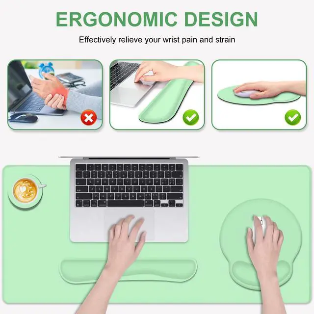 Alt view image 2 of 7 - 4 PCS Mouse Pad Desk Mat Protector, Keyboard Wrist Rest + Comfortable Mouse Pad with Wrist Rest +Coaster, Large Gaming Mousepad for Computer Laptop, 35.4"X 15.7" Deskpad for Office Home I Light Green