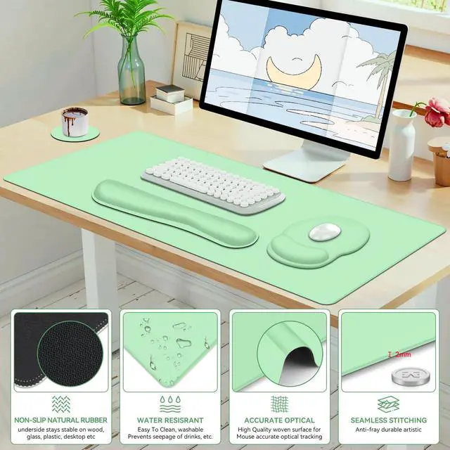 Alt view image 7 of 7 - 4 PCS Mouse Pad Desk Mat Protector, Keyboard Wrist Rest + Comfortable Mouse Pad with Wrist Rest +Coaster, Large Gaming Mousepad for Computer Laptop, 35.4"X 15.7" Deskpad for Office Home I Light Green