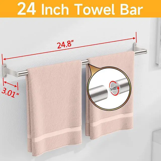 Alt view image 3 of 7 - Towel Bar for Bathroom, MKO Brushed Nickel Towel Bar for Bathroom Wall Mounted, Stainless Steel Heavy Duty, 24 Inch Single Bath Towel Rod Holder