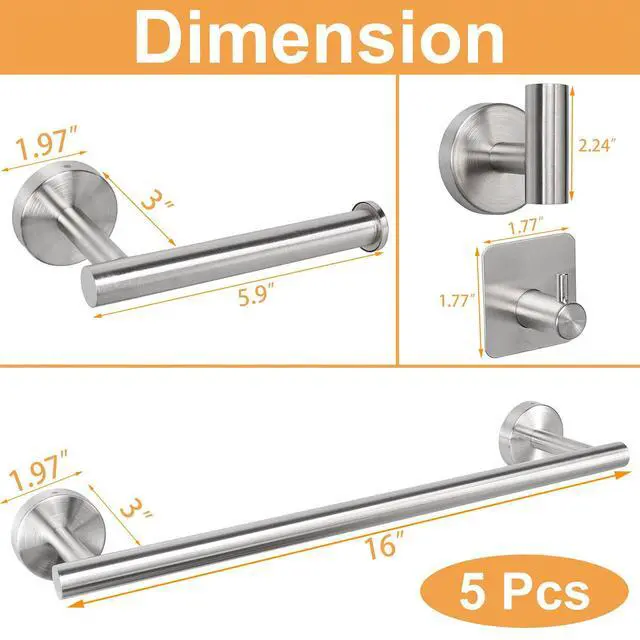 Alt view image 7 of 7 - Bathroom Hardware Set, Thick Stainless Steel Bath Towel Bar Set Including Towel Rack for Bathroom+Toilet Paper Holder+3 Robe Towel Hooks Wall Mount Bathroom Accessory Set(16IN,Brushed Nickel)