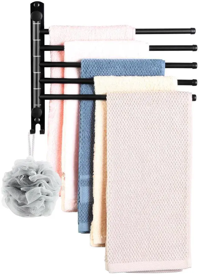 Main image of Swivel Towel Rack, 12.6 Inch Towel Bar with Wall Mounted 180° Rotation, 5 Arms Towel Hanger SUS 304 Stainless Steel, Space Saving for Kitchen, Bathroom, Outdoor, Matte Black