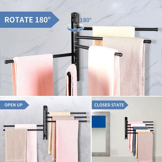 Alt view image 3 of 7 - Swivel Towel Rack, 12.6 Inch Towel Bar with Wall Mounted 180° Rotation, 5 Arms Towel Hanger SUS 304 Stainless Steel, Space Saving for Kitchen, Bathroom, Outdoor, Matte Black