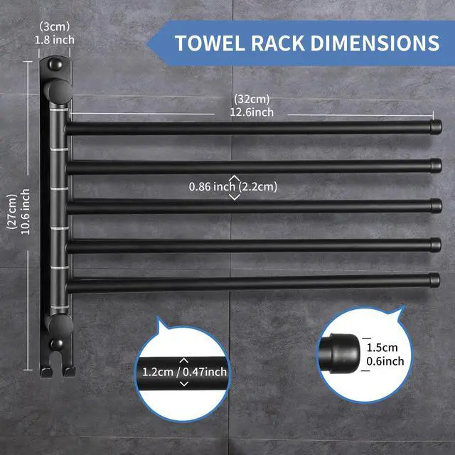 Alt view image 2 of 7 - Swivel Towel Rack, 12.6 Inch Towel Bar with Wall Mounted 180° Rotation, 5 Arms Towel Hanger SUS 304 Stainless Steel, Space Saving for Kitchen, Bathroom, Outdoor, Matte Black