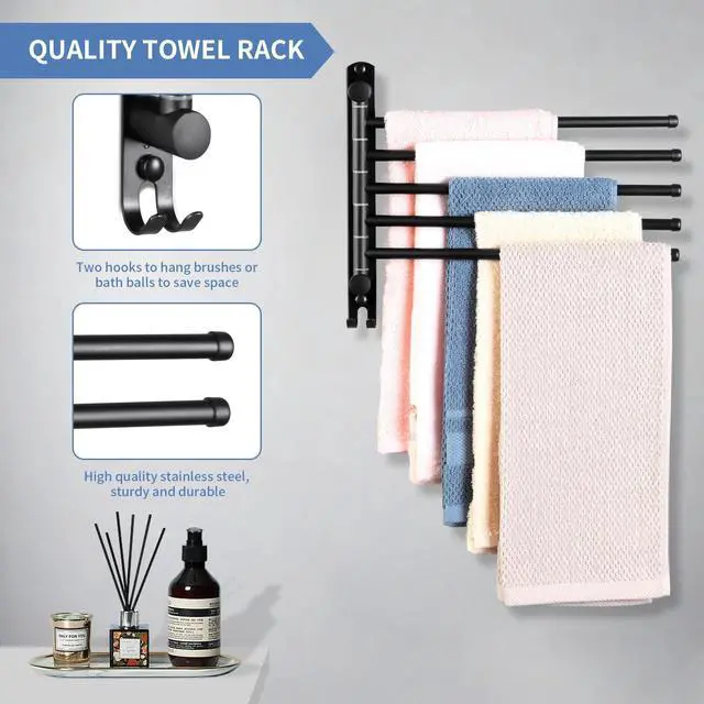 Alt view image 5 of 7 - Swivel Towel Rack, 12.6 Inch Towel Bar with Wall Mounted 180° Rotation, 5 Arms Towel Hanger SUS 304 Stainless Steel, Space Saving for Kitchen, Bathroom, Outdoor, Matte Black