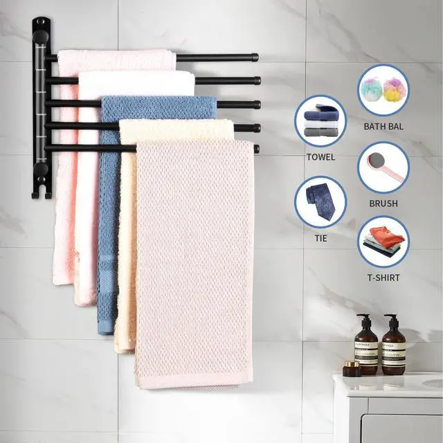Alt view image 6 of 7 - Swivel Towel Rack, 12.6 Inch Towel Bar with Wall Mounted 180° Rotation, 5 Arms Towel Hanger SUS 304 Stainless Steel, Space Saving for Kitchen, Bathroom, Outdoor, Matte Black
