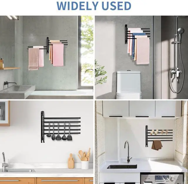 Alt view image 7 of 7 - Swivel Towel Rack, 12.6 Inch Towel Bar with Wall Mounted 180° Rotation, 5 Arms Towel Hanger SUS 304 Stainless Steel, Space Saving for Kitchen, Bathroom, Outdoor, Matte Black