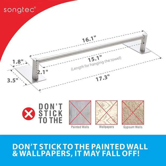 Alt view image 4 of 6 - Bathroom Towel Bar 16-inch, No Drill Stick On Towel Rack, Easy Install with Self-Adhesive, Premium SUS304 Stainless Steel - Brushed Nickle