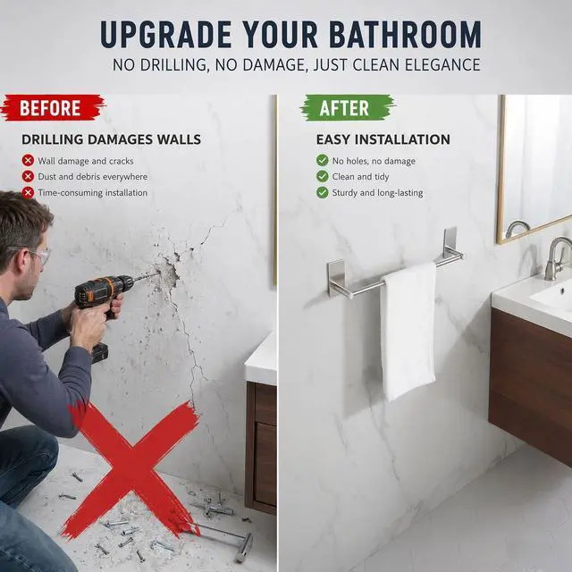 Alt view image 5 of 6 - Bathroom Towel Bar 16-inch, No Drill Stick On Towel Rack, Easy Install with Self-Adhesive, Premium SUS304 Stainless Steel - Brushed Nickle