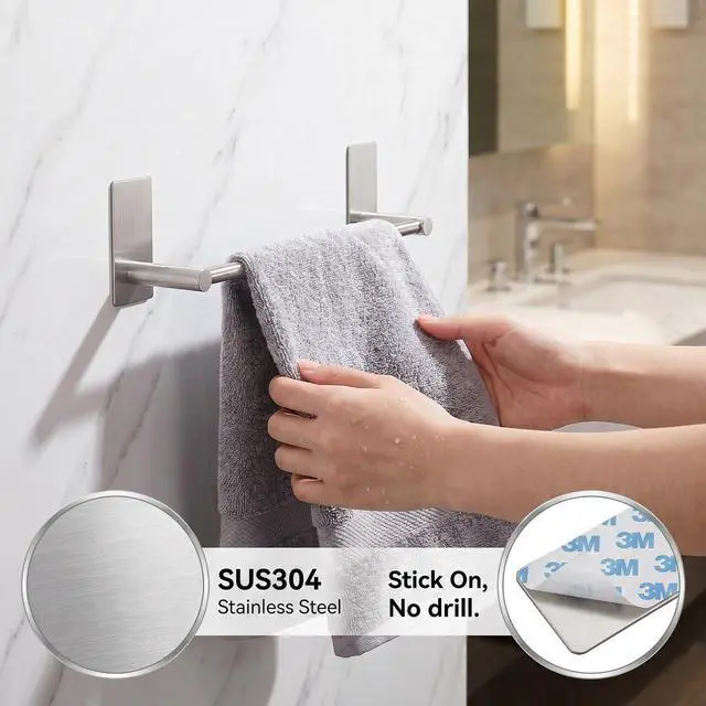 Alt view image 6 of 6 - Bathroom Towel Bar 16-inch, No Drill Stick On Towel Rack, Easy Install with Self-Adhesive, Premium SUS304 Stainless Steel - Brushed Nickle