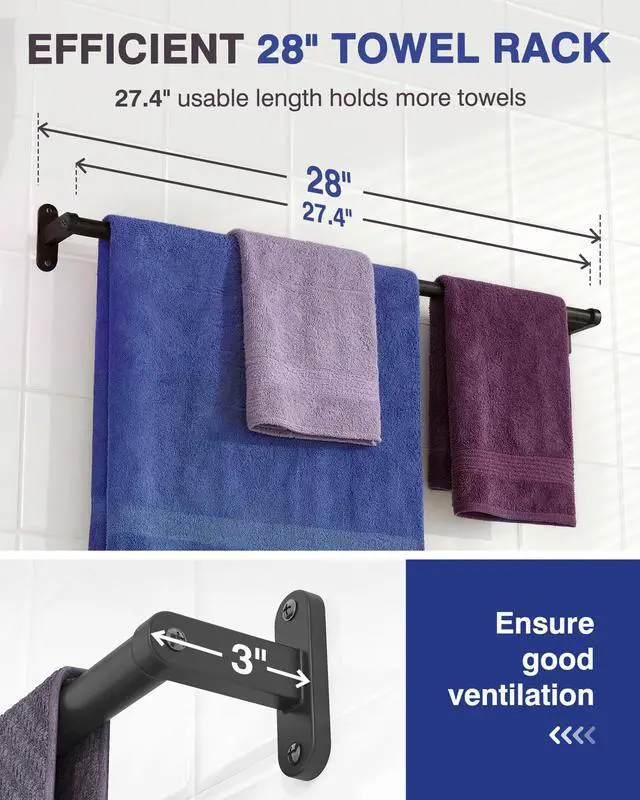 Alt view image 2 of 3 - Matte Black Towel Rack for Bathroom - 28" Rustproof Towel Holder, Sturdy Towel Bar Wall Mounted, Space-Saving Towel Hanger, Bathroom Accessories, Home Decor, Apparment Essentials