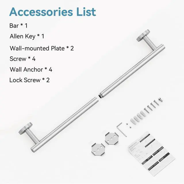 Alt view image 4 of 7 - Brushed Nickel Towel Bar, 24 Inch Towel Rack for Bathroom Wall-Mounted, SUS304 Stainless Steel, Total Length 26 Inch