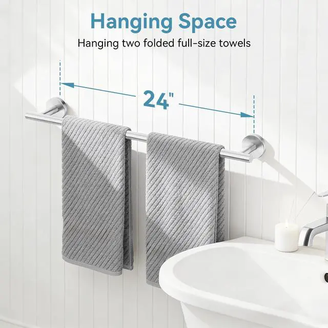 Alt view image 5 of 7 - Brushed Nickel Towel Bar, 24 Inch Towel Rack for Bathroom Wall-Mounted, SUS304 Stainless Steel, Total Length 26 Inch