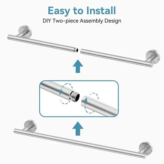 Alt view image 7 of 7 - Brushed Nickel Towel Bar, 24 Inch Towel Rack for Bathroom Wall-Mounted, SUS304 Stainless Steel, Total Length 26 Inch