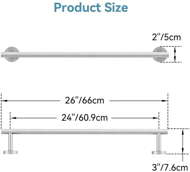 Alt view image 2 of 7 - Brushed Nickel Towel Bar, 24 Inch Towel Rack for Bathroom Wall-Mounted, SUS304 Stainless Steel, Total Length 26 Inch