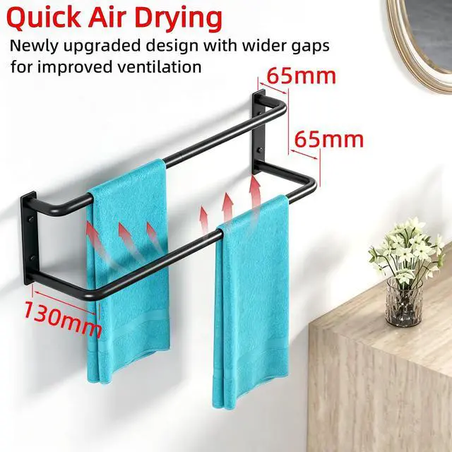 Alt view image 2 of 7 - 24 Inch Double Towel Bar, Towel Rack for Bathroom Wall Mounted, Stainless Steel Towel Holder, Double Towel Rod Towel Rail Hanger for Wall, Modern Home Decor Hand Towel Holder, Matte Black