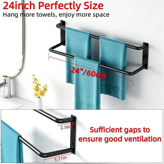 Alt view image 5 of 7 - 24 Inch Double Towel Bar, Towel Rack for Bathroom Wall Mounted, Stainless Steel Towel Holder, Double Towel Rod Towel Rail Hanger for Wall, Modern Home Decor Hand Towel Holder, Matte Black