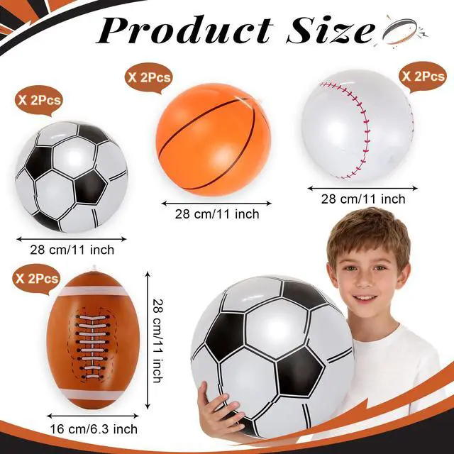 Alt view image 2 of 6 - 8 Pcs Giant Inflatable Sports Balls,16 Inch Blow Up Footballs Soccer Basketball Baseball,Summer Pool Beach Balls for Sport Game Party Supplies,Indoor and Outdoor Use