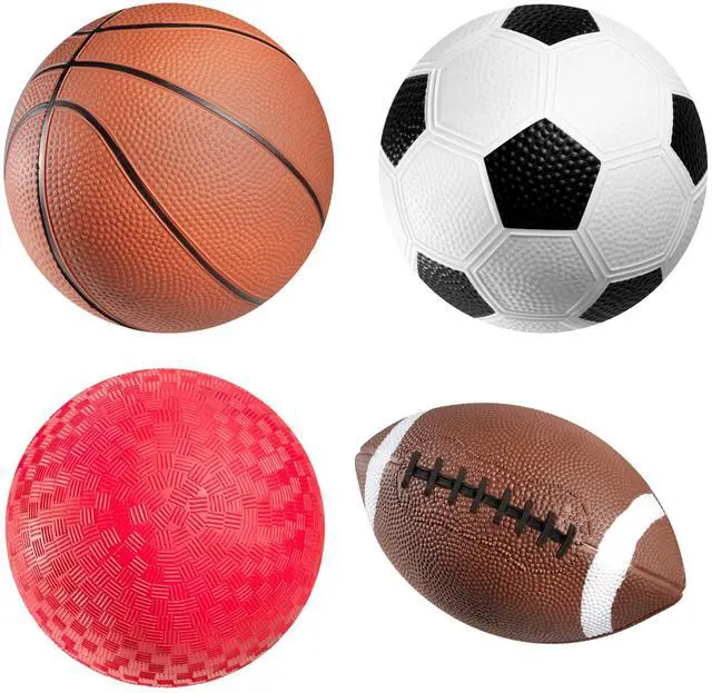 Main image of Sports Balls for Kids & Toddlers - (Pack of 4) 5-inch Sports Set Includes Football, Small Size Soccer, Basketball, and Playground Balls, Fun Indoors & Outdoor Toys (Hand Pump Included)