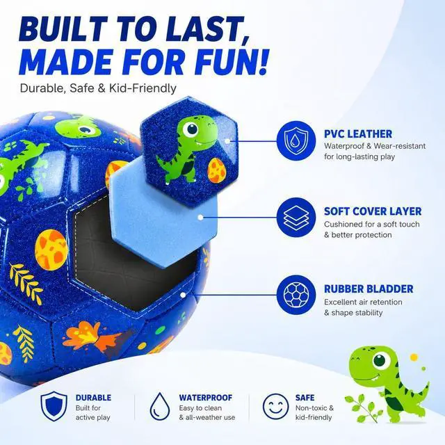 Alt view image 5 of 7 - Toddler Soccer Ball Size 2 with Pump Deflated, Blue Dinosaur Cartoon Ball for Kids Boy Girl 2 3 4 5 Years Old Indoor Outdoor Soccer Game