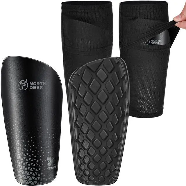 Main image of Soccer Shin Guards for Boys incl. Sleeves with Optimized Insert Pocket - Protective Soccer Equipment for Kids Girls (Black M)
