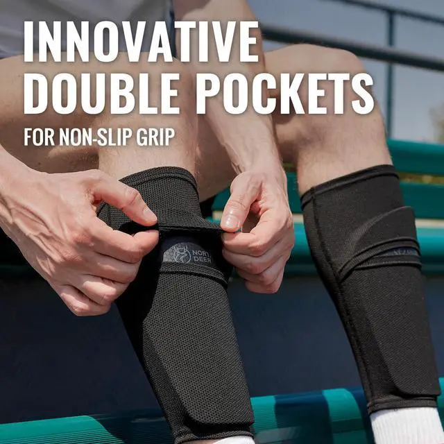 Alt view image 2 of 6 - Soccer Shin Guards for Boys incl. Sleeves with Optimized Insert Pocket - Protective Soccer Equipment for Kids Girls (Black M)