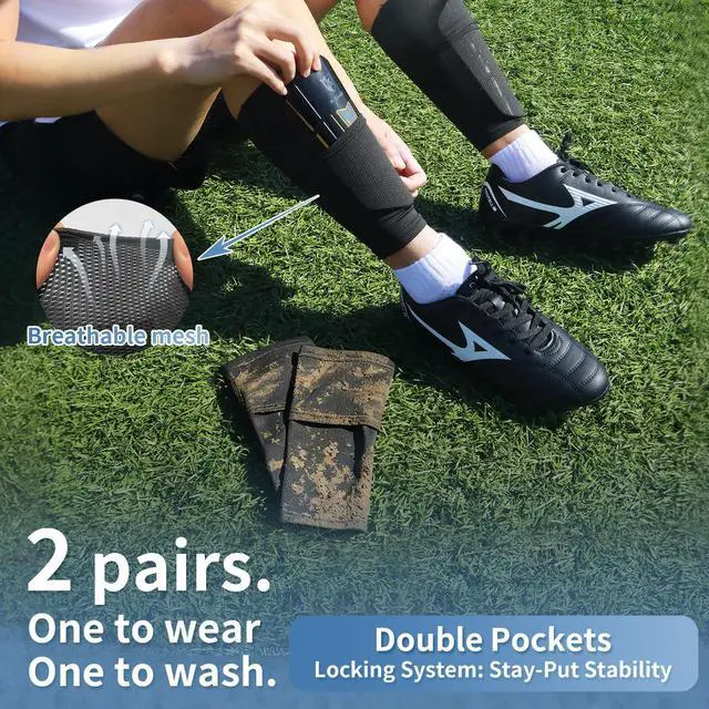Alt view image 4 of 6 - Soccer Shin Guards for Kids Youth Adults, Protective Football Shin Pads 2 Sock Sleeves, Breathable Vents Lightweight Calf Guards for Boys Girls Men Women (M:4'7"-5'3")