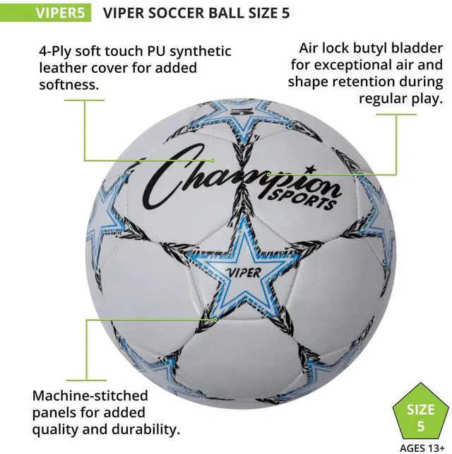 Alt view image 3 of 6 - Viper Soccer Ball, Size 5 Soft Touch TPU Cover, Airlock Bladder Ages 12 & Up Blue/Black/White