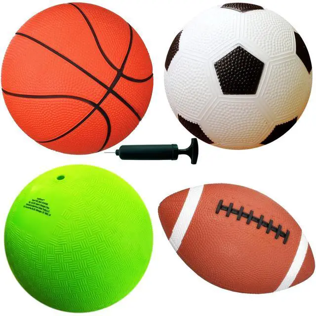 Main image of 4-Pack Sports Balls for Toddlers & Kids with Pump 5-Inch Soccer Ball, Basketball, Playground Ball & 6.5-Inch Football Soft Small Balls for Indoor/Outdoor Play (Ages 2-7)