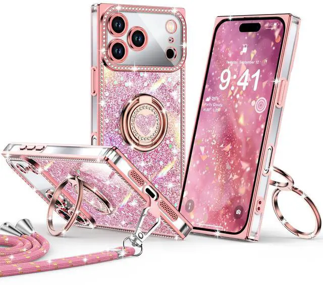 Main image of for iPhone 17 Pro Max Case, Glitter Bling Phone Cover with 2-Ring Heart Stand & Lanyard, Women Girls Luxury Rhinestone Shockproof Protective Case for iPhone 17 Pro Max, Pink