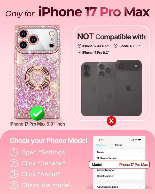 Alt view image 2 of 6 - for iPhone 17 Pro Max Case, Glitter Bling Phone Cover with 2-Ring Heart Stand & Lanyard, Women Girls Luxury Rhinestone Shockproof Protective Case for iPhone 17 Pro Max, Pink