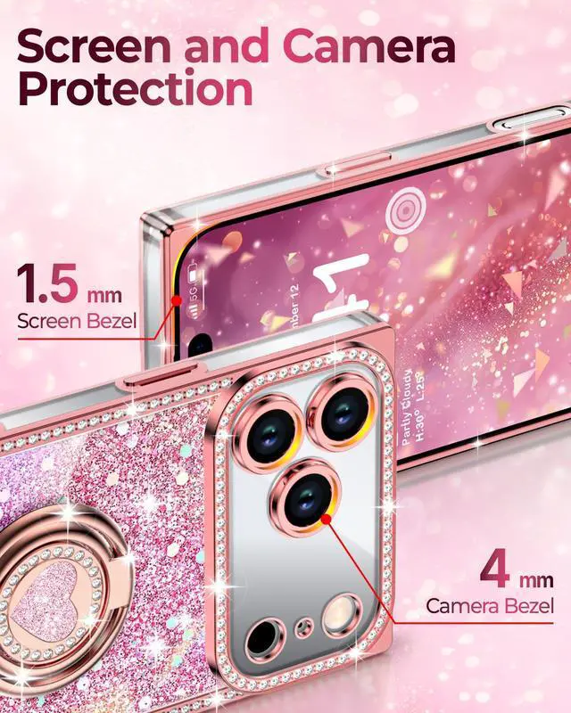 Alt view image 4 of 6 - for iPhone 17 Pro Max Case, Glitter Bling Phone Cover with 2-Ring Heart Stand & Lanyard, Women Girls Luxury Rhinestone Shockproof Protective Case for iPhone 17 Pro Max, Pink