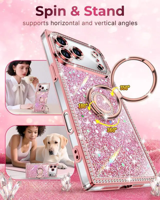 Alt view image 3 of 6 - for iPhone 17 Pro Max Case, Glitter Bling Phone Cover with 2-Ring Heart Stand & Lanyard, Women Girls Luxury Rhinestone Shockproof Protective Case for iPhone 17 Pro Max, Pink