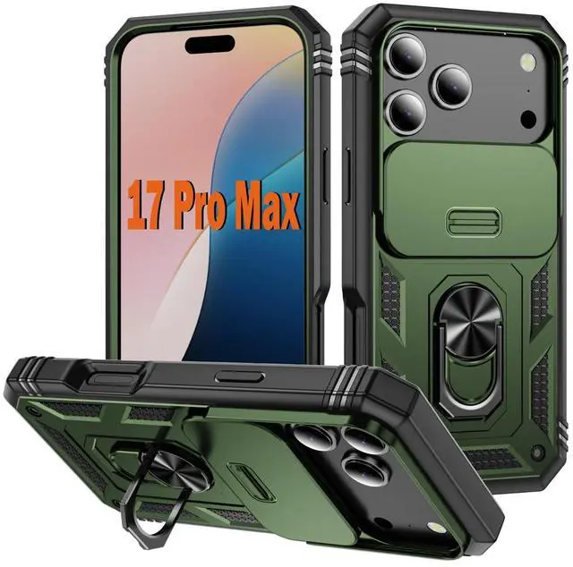 Main image of Military Case for iPhone 17 Pro Max,Metal Kickstand & Slide Camera Cover,Multi-Layer Heavy Body Shockproof Protection Hard Shell for 17Promax,6.9 inch,Army Green