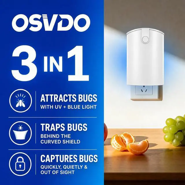 Alt view image 2 of 7 - Blue UV Light Flying Insect Trap, Plug-in Bug Catcher with 4 Sticky Refills for 100+ Days, Fly Catcher for Flies, Fruit Flies, Gnats, Moths, Silent for Home