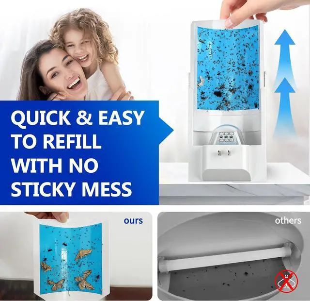 Alt view image 4 of 7 - Blue UV Light Flying Insect Trap, Plug-in Bug Catcher with 4 Sticky Refills for 100+ Days, Fly Catcher for Flies, Fruit Flies, Gnats, Moths, Silent for Home