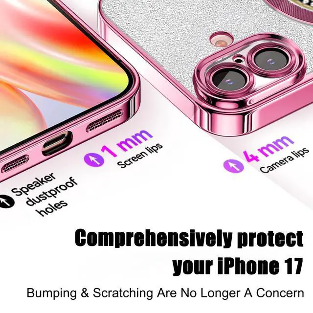 Alt view image 7 of 7 - for iPhone 17 Magnetic Glitter Case Compatible with MagSafe,Full Protection Slim Shockproof Anti-Scratch Case with Camera Lens Protector Plating Bling Dust-Proof Net for Women Pink