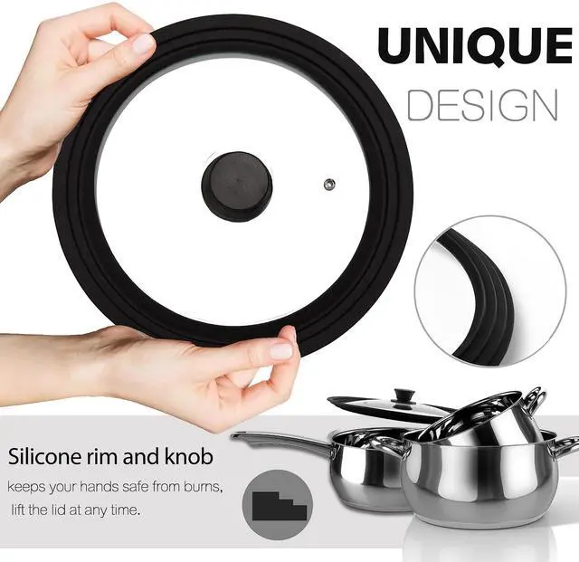 Alt view image 2 of 6 - Tempered Glass Lid - Universal Lid with Heat Resistant Silicone Rim for Pots, Pans and Skillets - Pan Cover Replacement Lid Fits 9.5", 10" and 11" Diameter Cookware