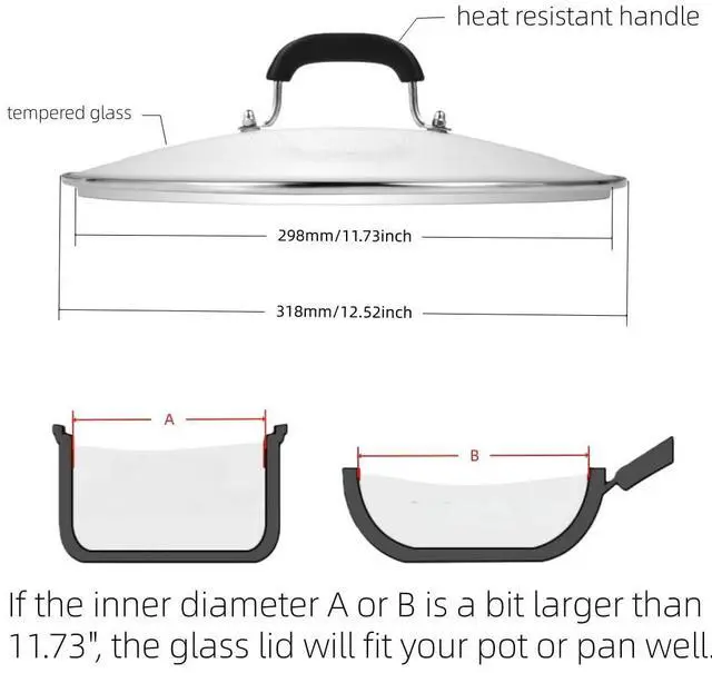 Alt view image 2 of 7 - Glass Lid for Pots and Pans, 12-1/2 Inch (11-3/4 Inch Inner Diameter) Tempered Glass Top with a Steam Hole, Frying Pan Cover