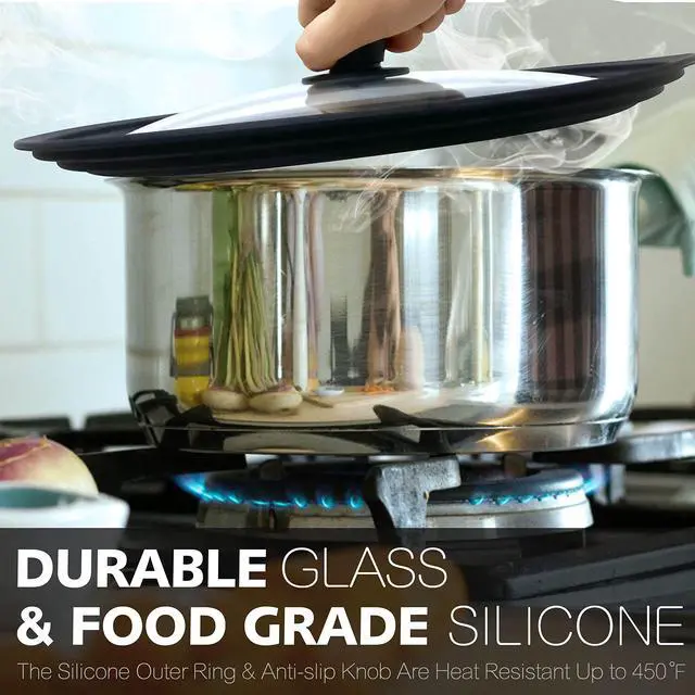 Alt view image 3 of 7 - Silicone Universal Lid for Pots, Pans and Skillets - Tempered Glass Covered with Heat Resistant Silicone Rim Fits 11", 12" and 12.5" Diameter Cookware -Easy to Use Replacement Frying Pan Cover