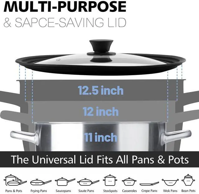 Alt view image 4 of 7 - Silicone Universal Lid for Pots, Pans and Skillets - Tempered Glass Covered with Heat Resistant Silicone Rim Fits 11", 12" and 12.5" Diameter Cookware -Easy to Use Replacement Frying Pan Cover