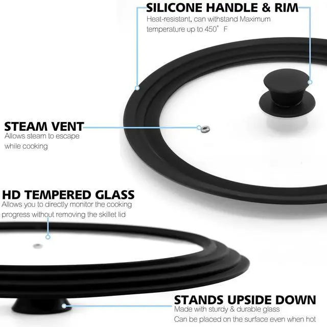Alt view image 6 of 7 - Silicone Universal Lid for Pots, Pans and Skillets - Tempered Glass Covered with Heat Resistant Silicone Rim Fits 11", 12" and 12.5" Diameter Cookware -Easy to Use Replacement Frying Pan Cover