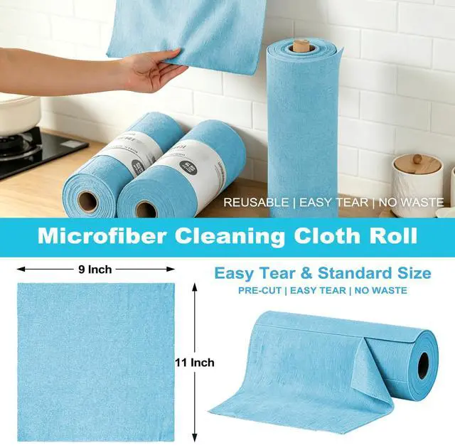 Alt view image 2 of 6 - 55 Pack Microfiber Cleaning Cloth Roll, Tear Away Reusable Paper Towels, 11" X 9", Ultra Absorbent & Lint Free Microfiber Cloth for Cleaning Cars, Kitchen, Window, Home and Shop, Blue
