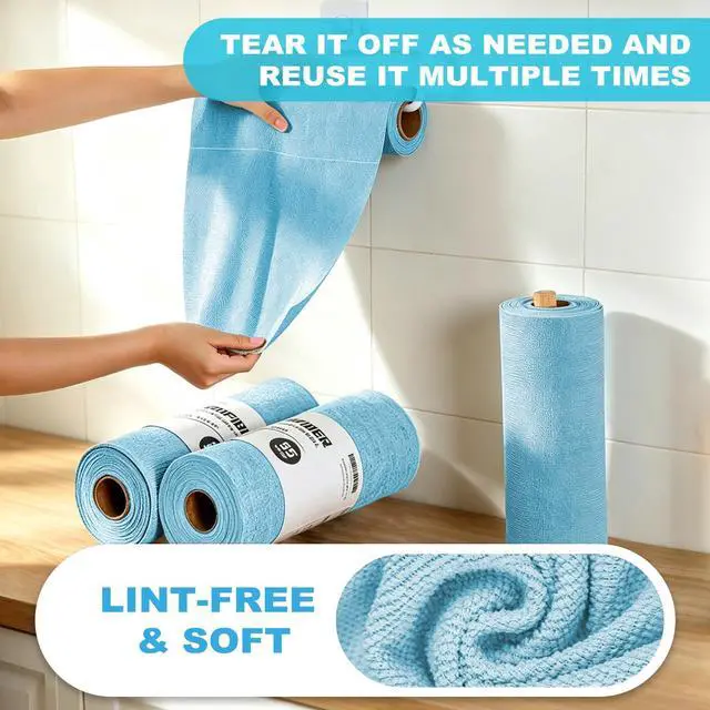 Alt view image 4 of 6 - 55 Pack Microfiber Cleaning Cloth Roll, Tear Away Reusable Paper Towels, 11" X 9", Ultra Absorbent & Lint Free Microfiber Cloth for Cleaning Cars, Kitchen, Window, Home and Shop, Blue