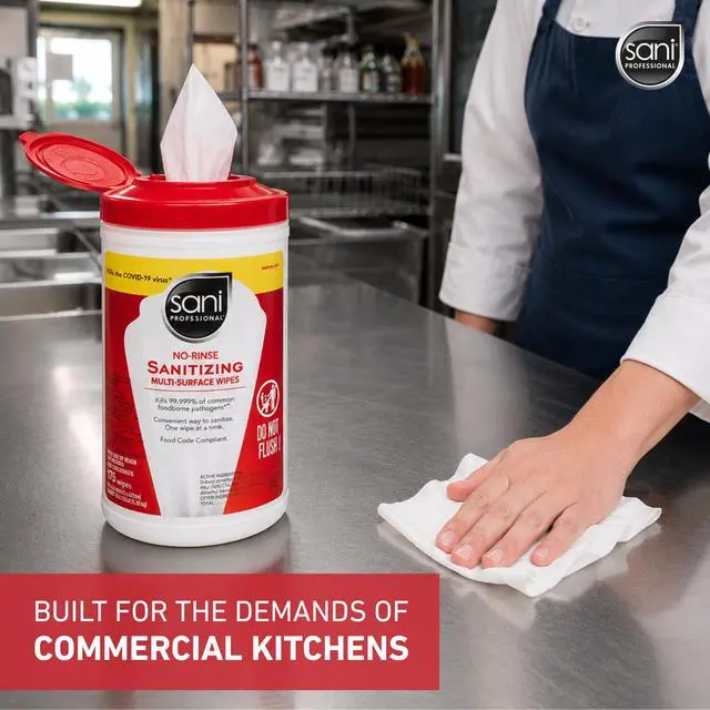Alt view image 4 of 5 - PDI Sani-Professional Sanitizing Wipes, No-Rinse Multi-Surface Cleaning for Food Contact Surfaces, Kitchens, Restuarants Tables, 95 Large 7.75" x 9" Count per Canister, Pack of 6