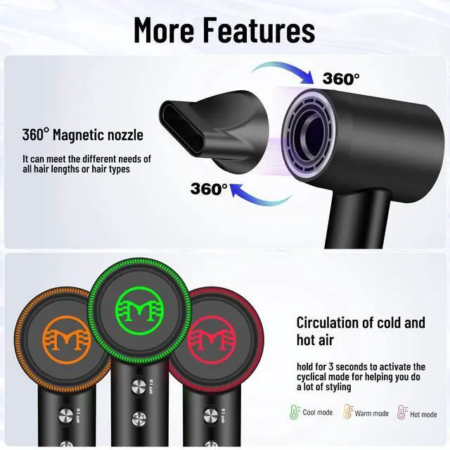 Alt view image 4 of 7 - Negative Ionic High-Speed Hair Dryer with 11,0000 RPM Brushless Motor for Fast Drying, Professional Blow Dryer with Nozzle, Low Noise Hairdryer for Salon Home Travel