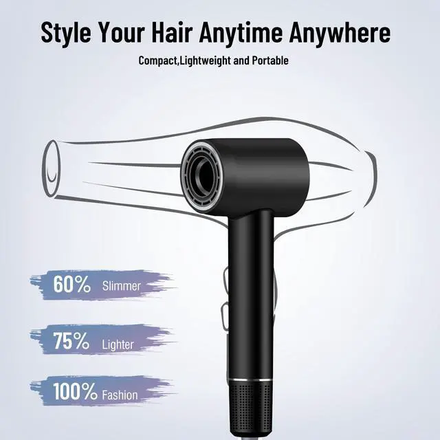 Alt view image 7 of 7 - Negative Ionic High-Speed Hair Dryer with 11,0000 RPM Brushless Motor for Fast Drying, Professional Blow Dryer with Nozzle, Low Noise Hairdryer for Salon Home Travel